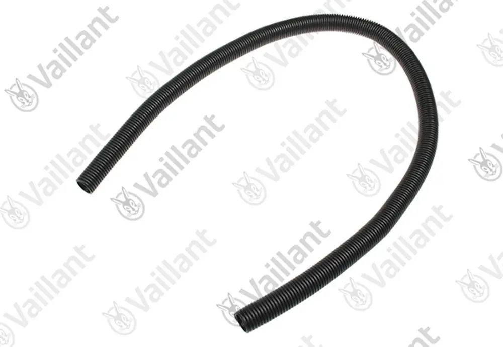 Schwarzer, flexibler Schlauch mit gerippter Oberfläche, geeignet für den Einsatz in Vaillant Heizsystemen. 